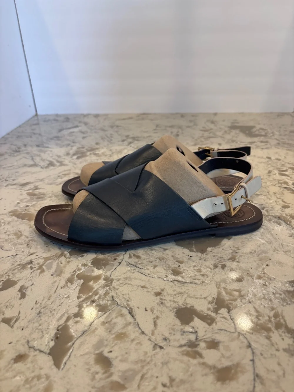 Tory Burch Navy Leather Criss Cross Slingback Sandals Cream Strap Size 11